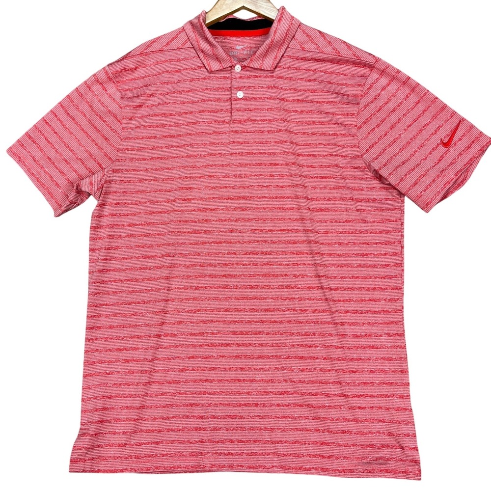 Nike Polo Shirt Mens Medium Red White Striped Short Sleeve Golf Dri-FIT Swoosh